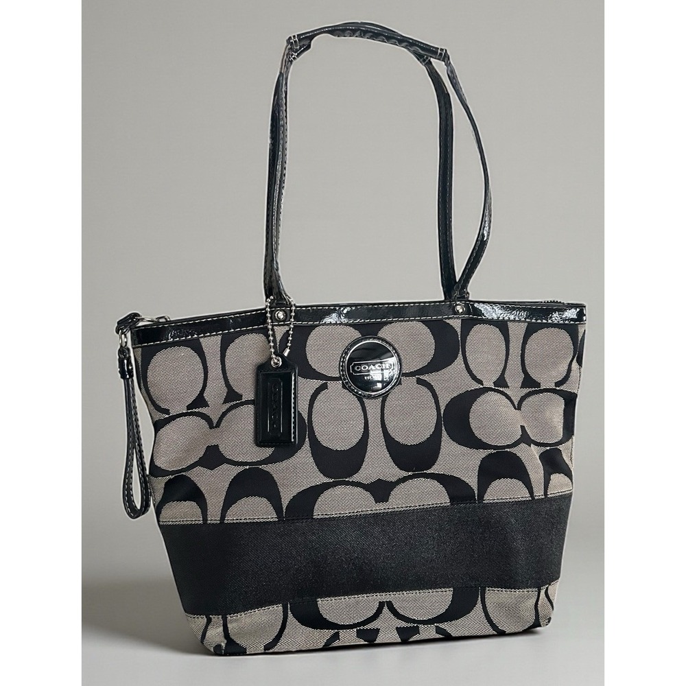Coach Signature Stripe Tote Shoulder Bag F17433 Taupe Canvas Black Patent Trim